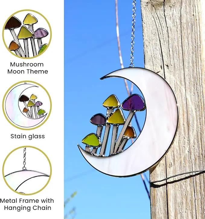 Sensory4U Mushroom Moon Stained Glass Suncatcher - Earth Tone Modern Window Hanging Wall Art - Home Decor or Garden Suncatcher for Natural Light Reflection by GreenHaven Gardens