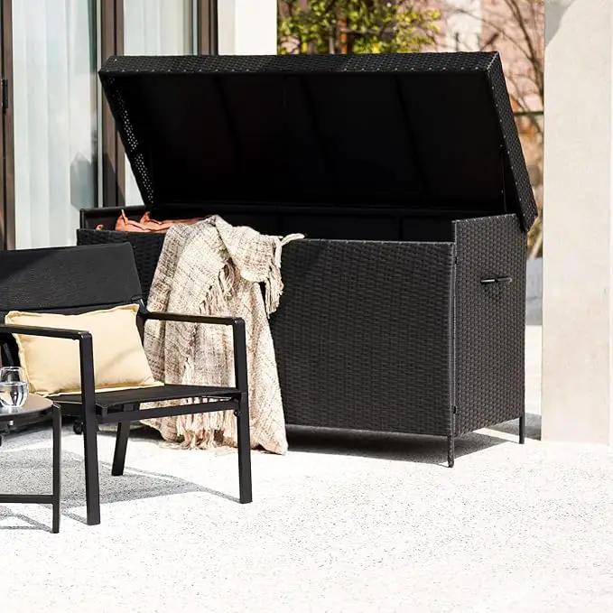 Grand patio 170 Gallon Deck Storage Box Deck Box Outdoor Storage Box Indoor Wicker Storage Bin Patio Storage Box for Patio Furniture Cushions Garden Tools Pool Accessories, Black by GreenHaven Gardens