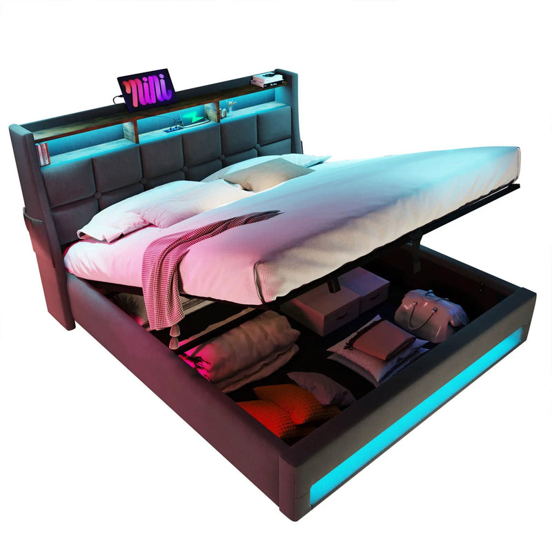 Platform Bed With Hydraulic Storage, LED Lighting & Charging Station by HouseOfZazla