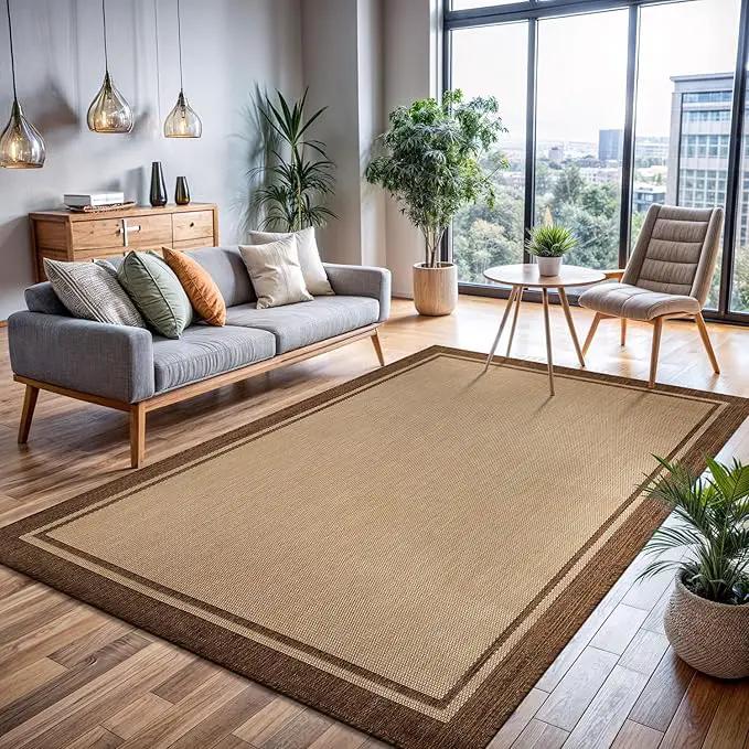 CAMILSON Outdoor Rug 9x12 Bordered Natural Brown Modern Area Rugs for Indoor and Outdoor Patios, Kitchen and Hallway Mats, Washable Porch Deck Outside Carpet (Border Jute, 9 x 12) by GreenHaven Gardens