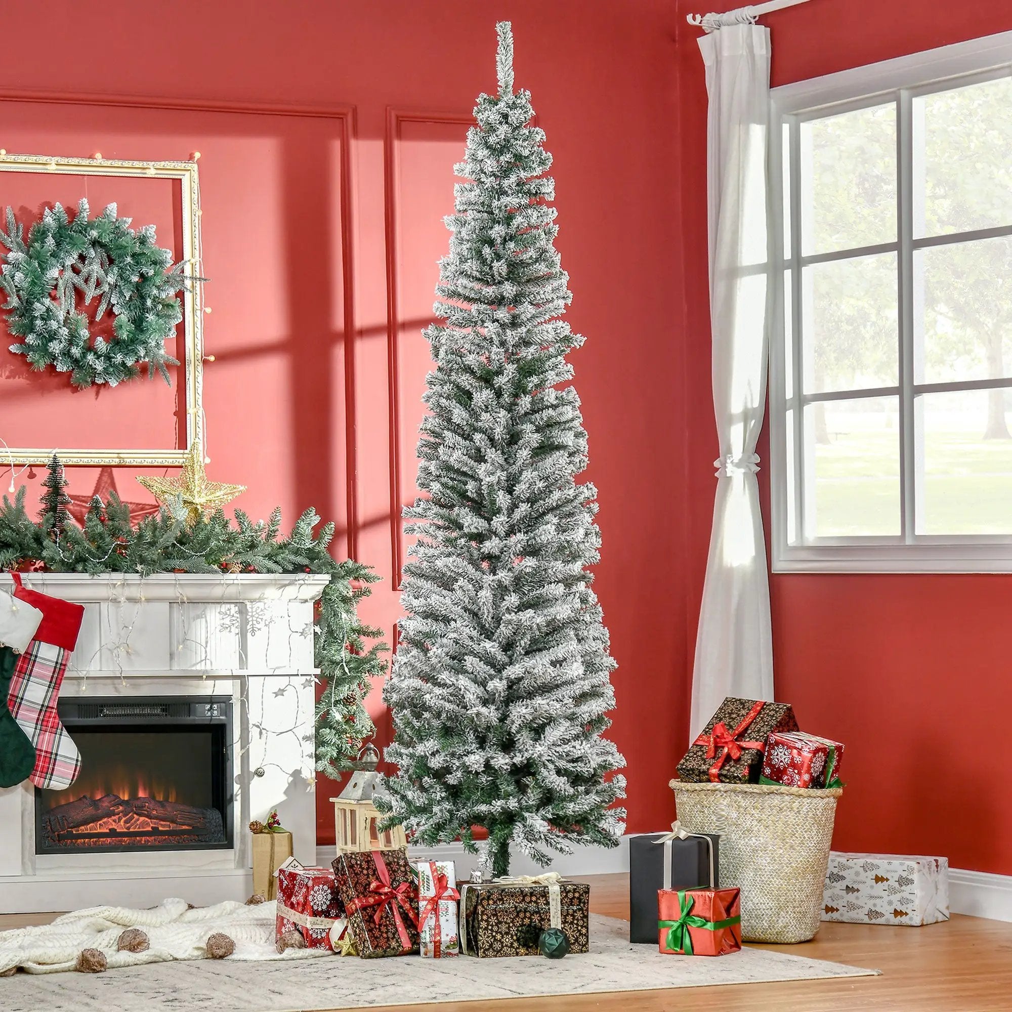 HOMCOM 7.5' Tall Unlit Snow-Flocked Slim Artificial Christmas Tree by HouseOfZazla