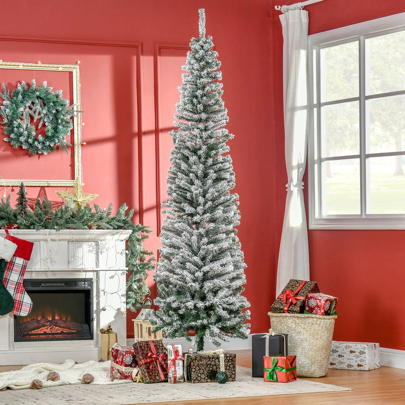 HOMCOM 7.5' Tall Unlit Snow-Flocked Slim Artificial Christmas Tree by HouseOfZazla