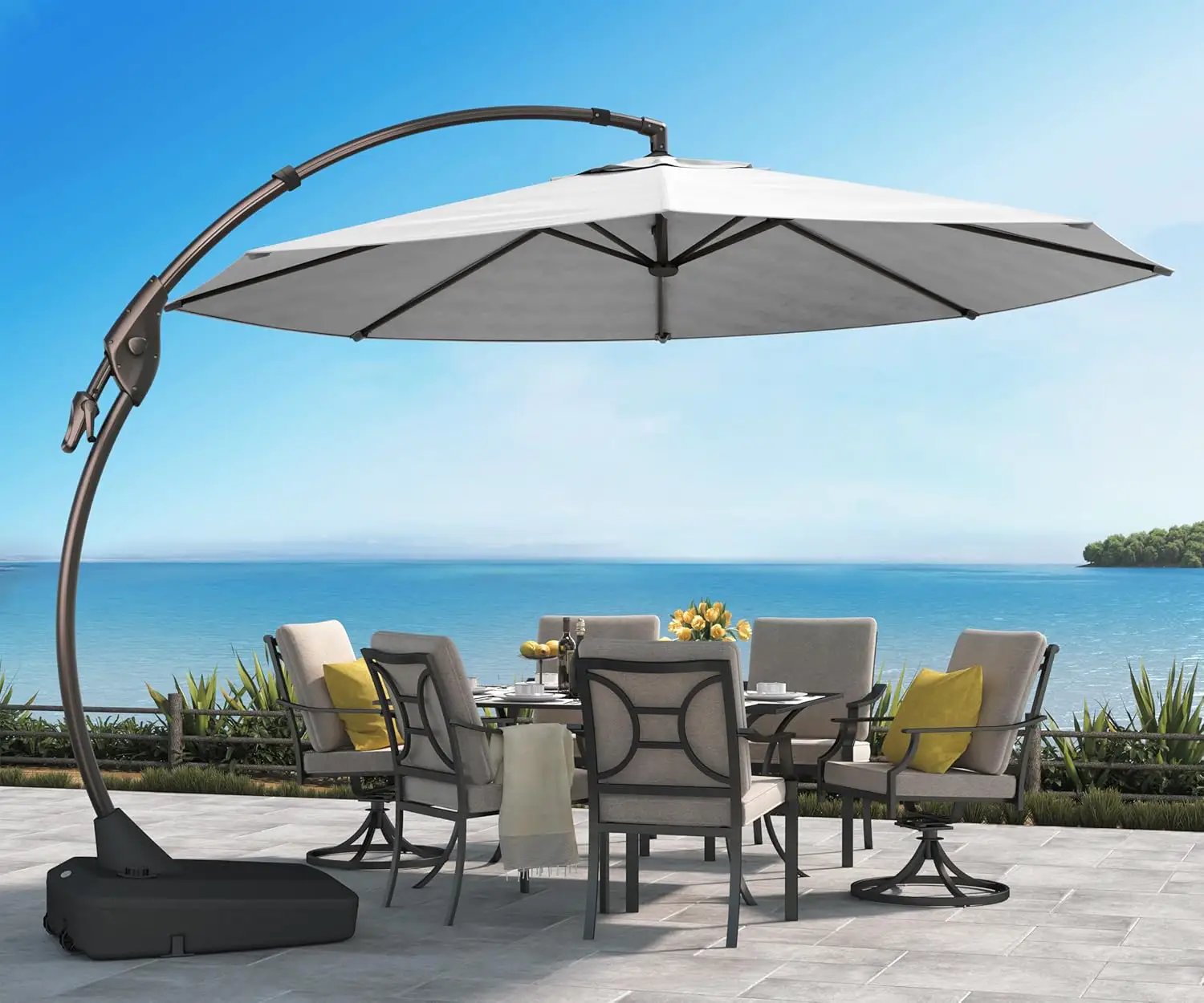 Grand patio 12 FT Sunbrella Cantilever Umbrella with Base Outdoor Aluminum Offset Umbrella with Tilt Adjustment (Granite, 12 FT-SUNBRELLA) by GreenHaven Gardens