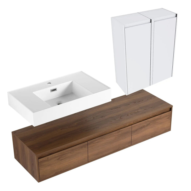 Wall Mounted Bathroom Vanity With Resin Sink And 2 Side Cabinet, 3 Soft Close Drawer - Brown Ebony by HouseOfZazla