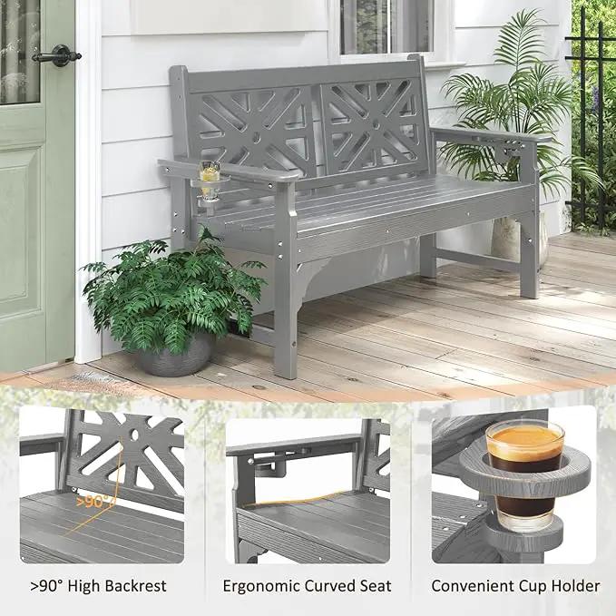 nalone Outdoor Bench with Cup Holders, HDPE All Weather Porch Bench Load up to 800 Lbs, 2-Person Garden Benches Rot-Proof Fade Proof for Patio, Porch, and Park (Grey) by GreenHaven Gardens