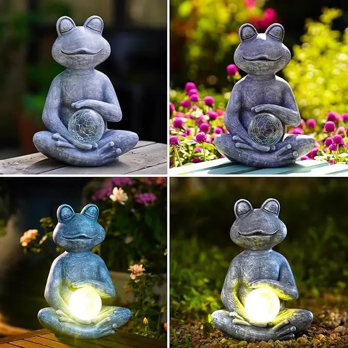 Meditating Yoga Frog Statue with Solar LED Light Ball - 10L x 11.1H Zen Garden Frog Figurines for Home and Garden Decor, Frog Decorations Gift Ideas, Frog Gifts for Women Mom by GreenHaven Gardens