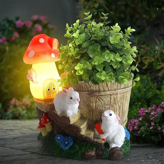 Garden Rabbit Statue,Resin Rabbit Figurine with Solar LED Light,Flower Pots Planters Pots for Succulent,Bunny Statue for Patio Balcony Yard Lawn Decor,Unique Gift for Dad Mom Grandma by GreenHaven Gardens