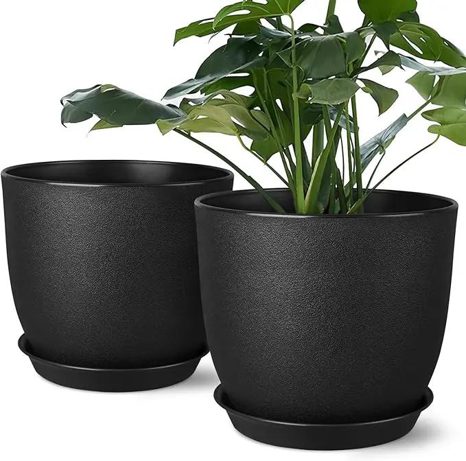 Plant Pots 8 Inch Set of 2, Flower Pots with Multi Mesh Drainage Holes, Planters for Indoor Outdoor Garden Plants and Flowers (Black) by GreenHaven Gardens