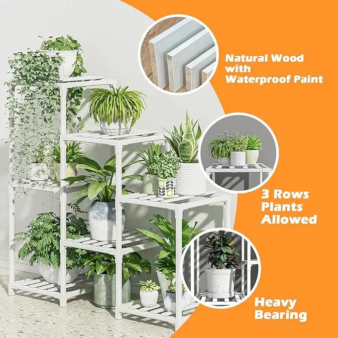 Bamworld Indoor Plant Stand Outdoor White Shelf Bamboo Plant Table for Multiple Plants 3 Tiers 7 Pots Ladder Holder Pot Window Garden Balcony Living Room by GreenHaven Gardens