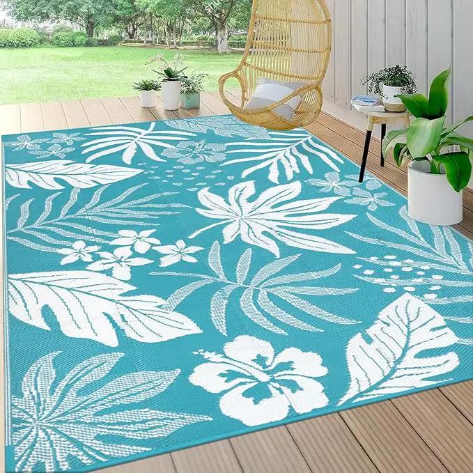 Pauwer Waterproof Outdoor Rug 6x9, Reversible Plastic Straw Patio Camping Rug, Indoor Outdoor RV Mat Carpet for Deck, Camper, Porch, Balcony, Backyard, Picnic, Floral Teal by GreenHaven Gardens