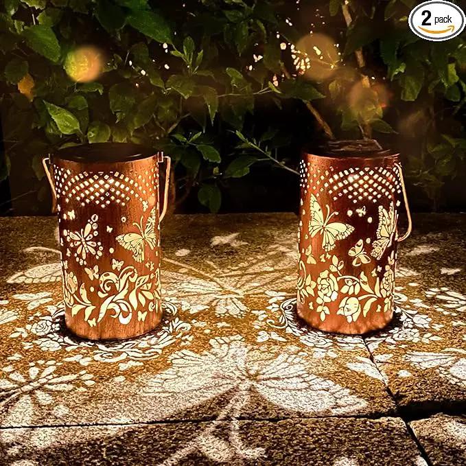 2 Pack Butterfly Solar Lanterns Outdoor Hanging Lantern Lights, Butterfly Hollowed-Out Metal Decor Lantern, Waterproof LED Decorative Garden Light - Delicate Garden Decoration by GreenHaven Gardens