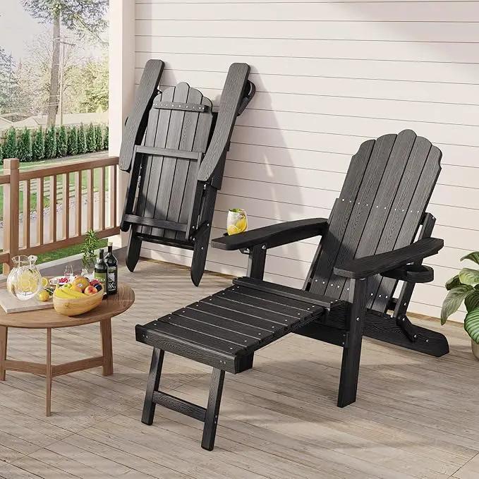 Adjustable Backrest Folding Adirondack Chair Set of 2, Adirondack Chair with Ottoman, Weather Resistant Fire Pit Chair with 2 Cup Holders, for Porch Backyard Outdoor Lawn Pool Deck Beach, Black by GreenHaven Gardens