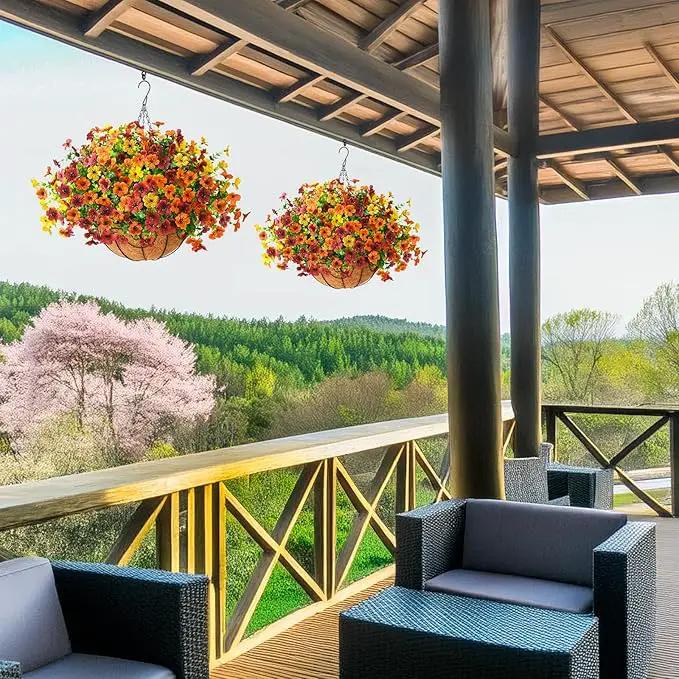 Artificial Fake Hanging Plants Flowers Basket, Faux Silk Daisy in Planter Realistic UV Resistant for Outside Home Patio Balcony Yard Spring Outdoor Decoration (Orange Brown Yellow) by GreenHaven Gardens