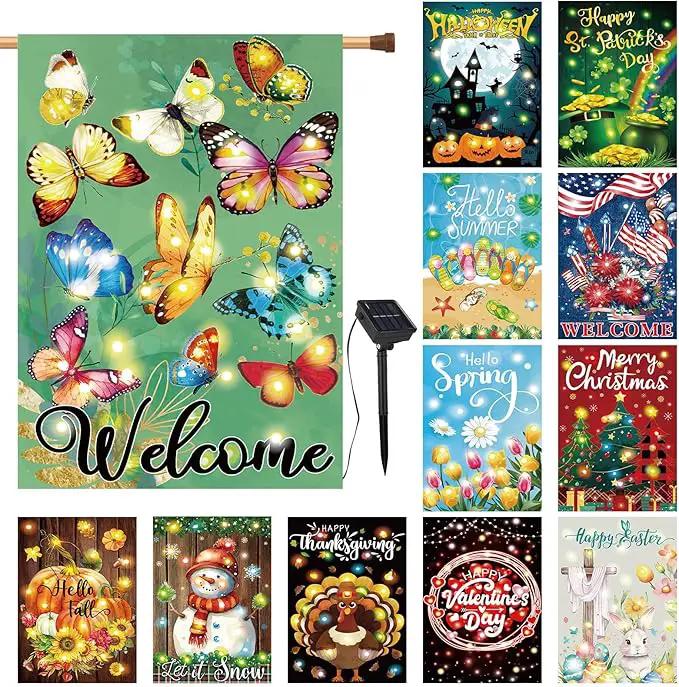 12 Pcs Solar Seasonal LED Garden Flags 28 x 40 Inch Double Sided Yard Flags Spring Easter Halloween Fall Thanksgiving Day Decorations Welcome Garden Flag Lawn Yard Outdoor Holiday Decoration by GreenHaven Gardens