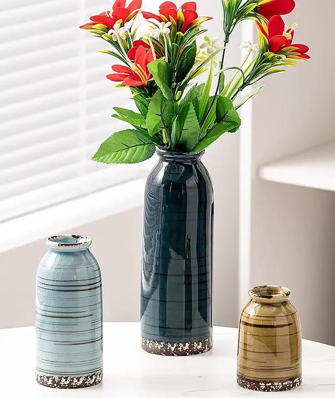 Ceramic Vase Set of 3, Farmhouse Decorative Vase for Pampas Grass, Living Room, Bathroom,Bookshelf, Centerpieces (Blue/Navy Blue/Yellow) by GreenHaven Gardens
