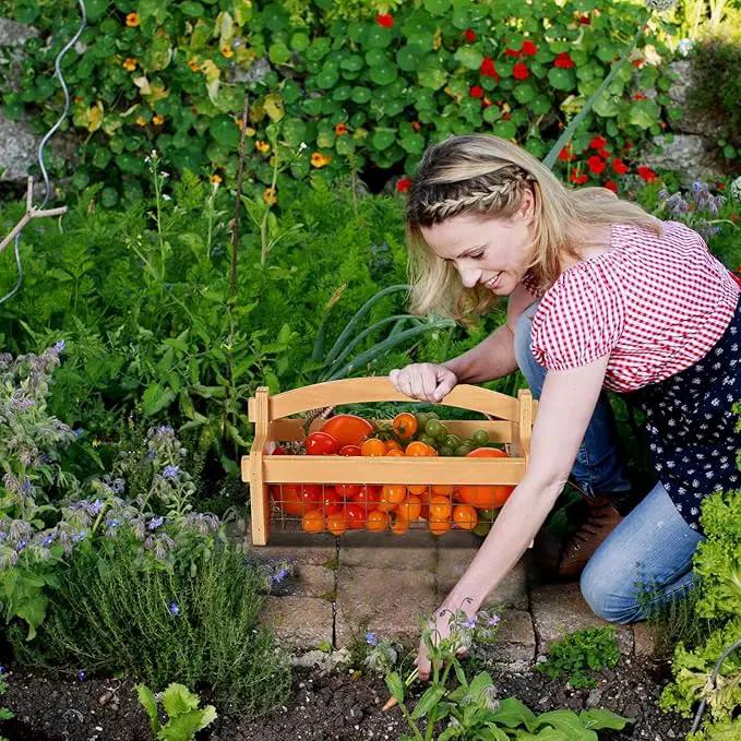 Large Garden Hod Harvest Basket 13 x 9 x 7 Inch, Wooden Harvesting Basket with Handle for Gardening Gathering Gardener Gifts for Wedding Flower Centerpiece Washing Holding Fruits Vegetables by GreenHaven Gardens