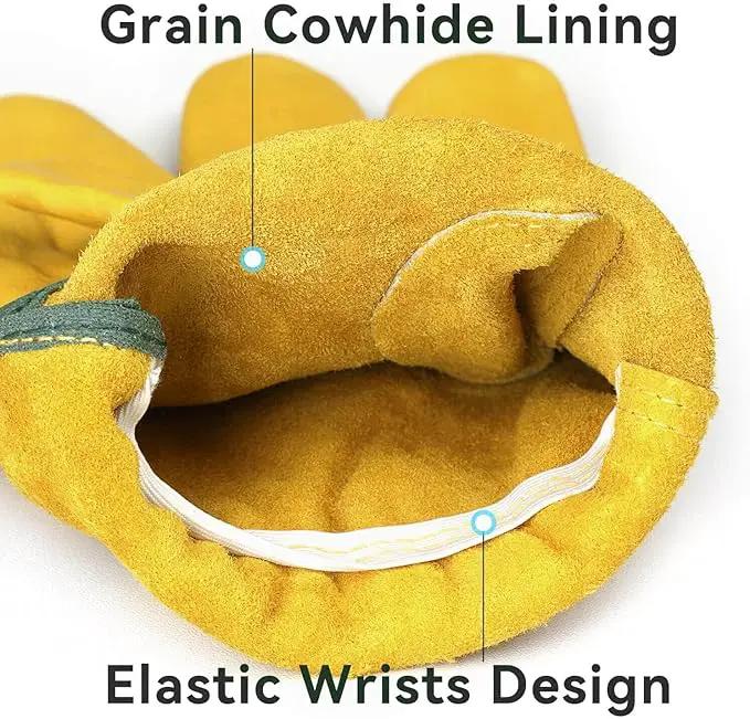 OZERO Leather Work Gloves Flex Grip Tough Cowhide Gardening Glove for Wood Cutting/Construction/Driving/Garden for Men and Women 1 Pair (Gold,Large) by GreenHaven Gardens