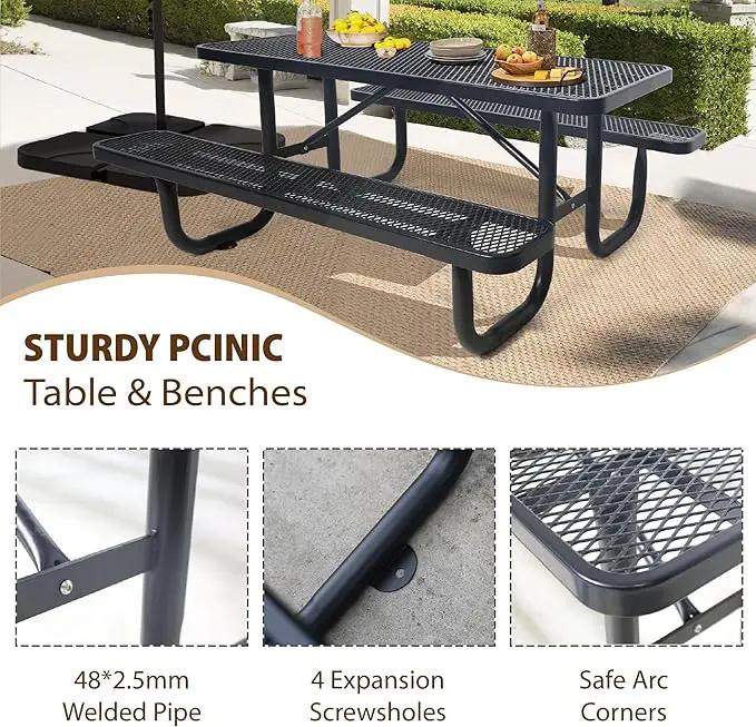 6FT Metal Picnic Tables for Outdoors, Commercial Rectangular Picnic Table and Bench Set for Outside, Patio, Garden, Backyard, Porch, Surface Mount, Black by GreenHaven Gardens