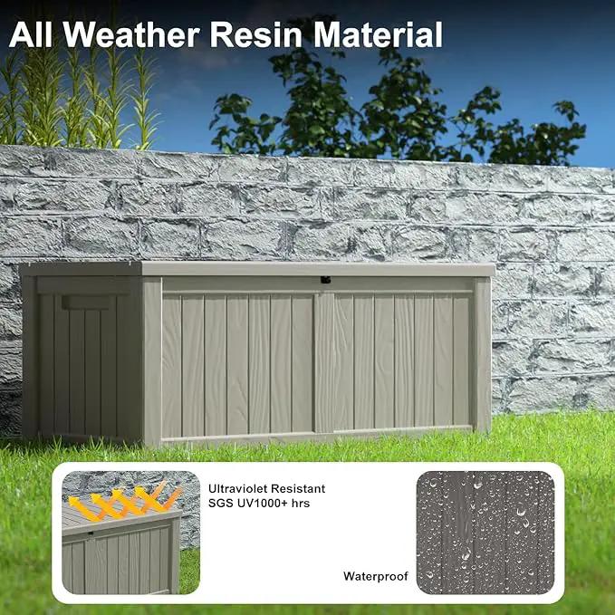 120 Gallon Deck Box,Resin Outdoor Storage Box with Lockable for Patio Furniture, Pool Accessories, Garden Tools Waterproof Outside Storage Box, Grey by GreenHaven Gardens