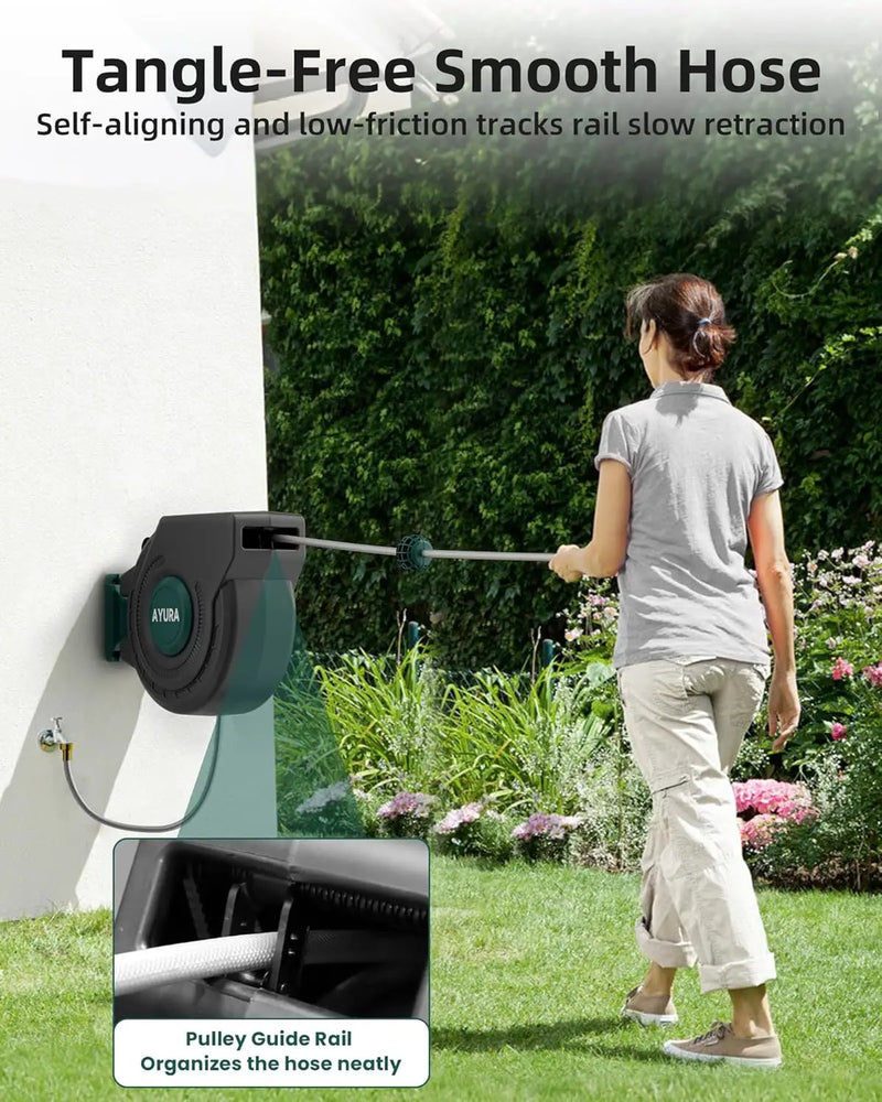 AYURA Retractable Garden Hose Reel 100 ft x 1/2 inch with Pro Metal Shaft, Heavy Duty Automatic Garden Hose Reels with Kink-Free Rewind and Lock at Any Length, Wall Mount Water Hose Reel for Outside by GreenHaven Gardens