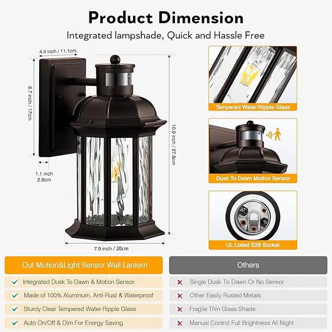 VIANIS Outdoor Light Fixture with Motion Sensor, 2 Packs Oil Rubbed Bronze Dusk to Dawn Exterior Garage Wall Sconce Lighting, 100% Aluminum Outside Porch Lights for House with Tempered Ripple Glass by GreenHaven Gardens