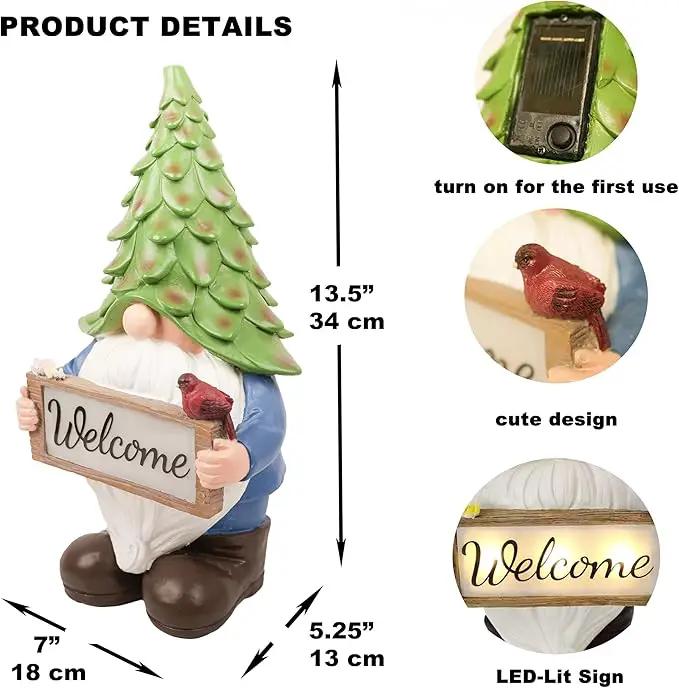 Garden Gnome Statue with Solar Lights, 13.5” Welcome Sign Gnome Outdoor Decor for Yard Lawn Patio, Funny Resin Gnome Sculptures, Gifts for Women Mom Grandma,Garden Decor Ornament by GreenHaven Gardens
