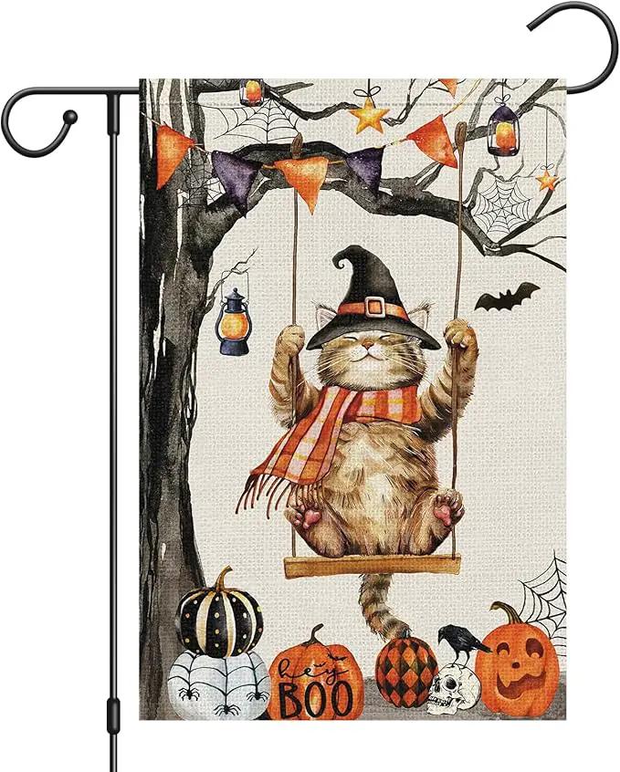 Heyfibro Halloween Cute Cat Swing Garden Flags 12 x 18 Inch Vertical Double Sided Burlap, Pumpkin Skull Bat Yard Flag for Seasonal Fall Thanksgiving Farmhouse Decoration(ONLY FLAG) by GreenHaven Gardens
