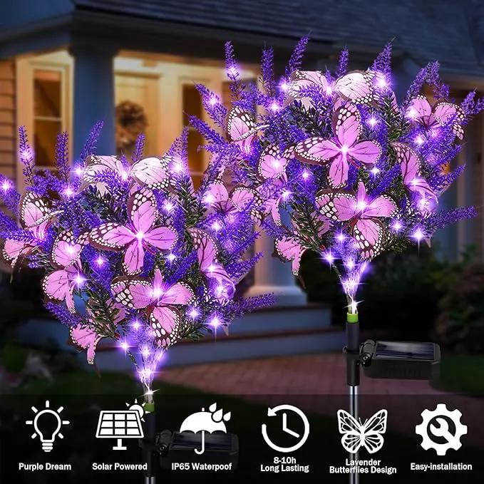 Solar Garden Lights Outdoor, 2 Pack Purple Lavender Solar Butterfly Lights Gardening Gifts for Women, Solar Artificial Flower with Butterfly Purple Garden Decor for Lawn Patio by GreenHaven Gardens
