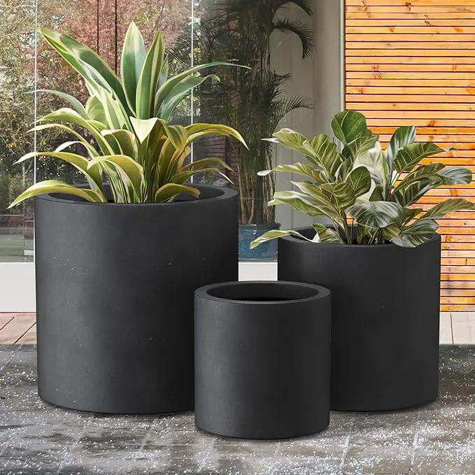 Kante 9.8",12.6",15.7" Dia Round Concrete Planter Set of 3, Modern Style Large Cylindrical Plant Pot with Drainage Hole and Rubber Plug for Indoor Outdoor Patio, Black by GreenHaven Gardens