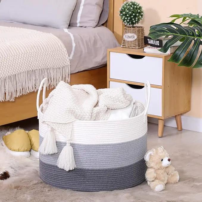 KAKAMAY Large Blanket Basket (20"x13"),Woven Baskets for storage Baby Laundry Hamper,Cotton Rope Blanket Basket for Living Room, Laundry, Nursery, Pillows, Baby Toy chest with Handles (White/Grey) by GreenHaven Gardens