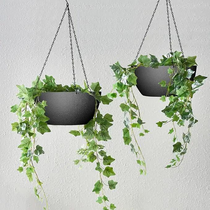 WOUSIWER 13 inch 2Pack Large Hanging Planters for Outdoor Indoor Plants with Drainage Holes and Chain, Round Hanging Flower Pots for Garden Home Porch Decor, Black by GreenHaven Gardens