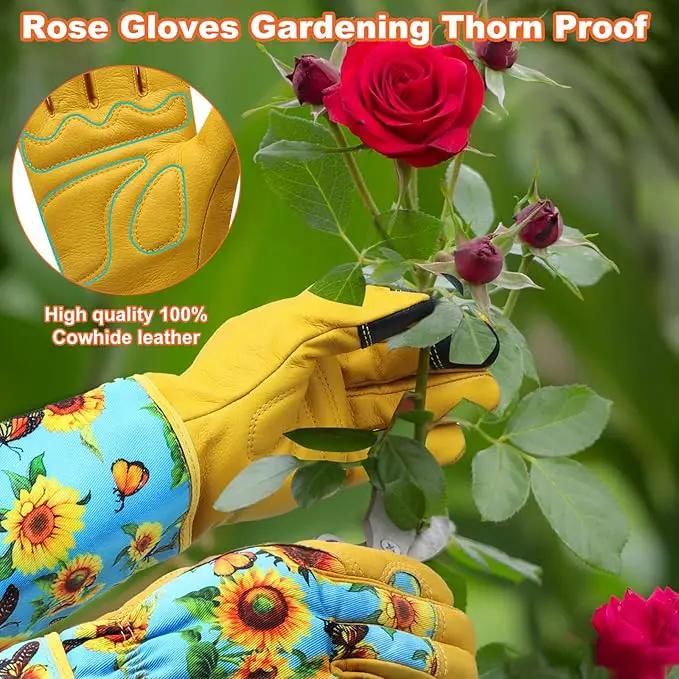 DLY Gardening Gloves for Women, Rose Gloves Gardening Thorn Proof, Long Garden Gloves for Women, Breathable Cowhide Leather Gauntlet (Medium, Blue) by GreenHaven Gardens