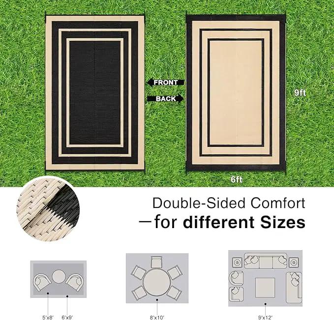 OLANLY Outdoor Rug 6x9 ft Waterproof, Reversible Outdoor Plastic Straw Rug, RV Mat, Indoor Outdoor Carpet Clearance for Patio, Camping, Balcony, Deck, Backyard, Black & Beige by GreenHaven Gardens
