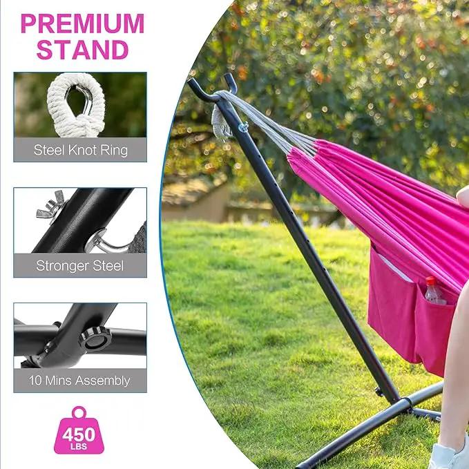 PNAEUT Double Hammocks with Stand for Outside, Portable Space Saving Heavy-Duty Steel Stand for Indoor Outdoor Patio with Carrying Bag, 450 lbs Capacity (Rose Pink) by GreenHaven Gardens