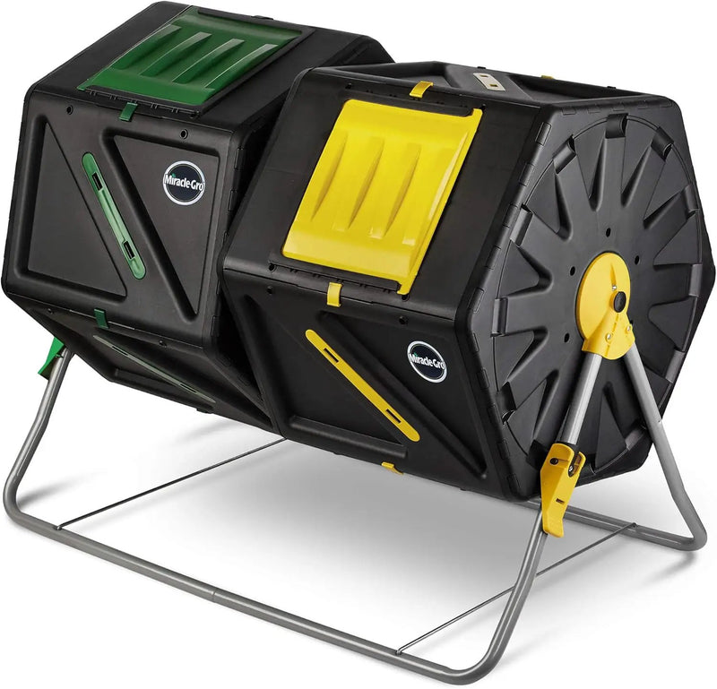 Miracle-Gro Large Dual Chamber Compost Tumbler – Easy-Turn, Fast-Working System – All-Season, Heavy-Duty, High Volume Composter with 2 Sliding Doors - (2 – 27.7gallon /105 Liter) by GreenHaven Gardens