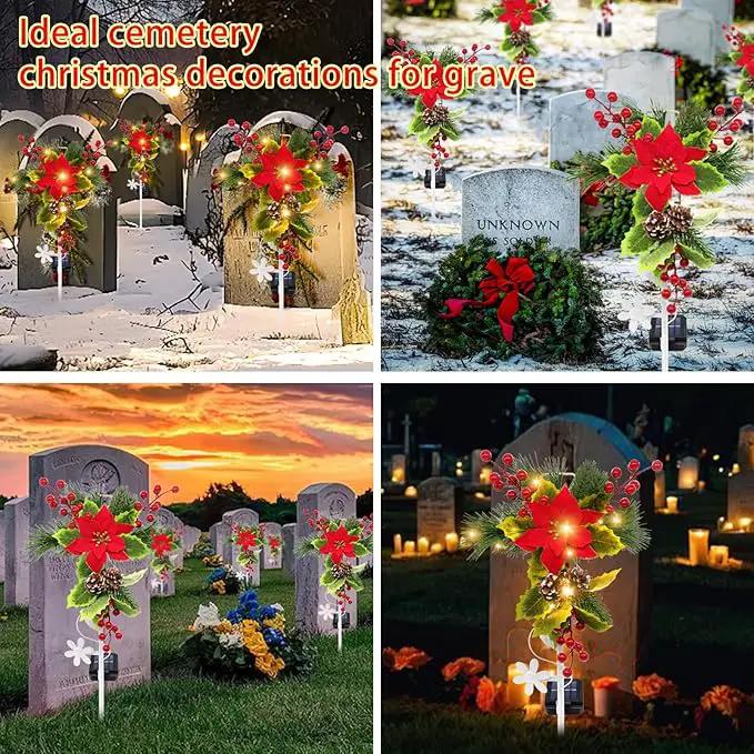 4 Pack Solar Christmas Decorations Outdoor, 32 Inch Solar Christmas Cross Stake Lights, Waterproof Grave Decorations with Poinsettia Flower Pinecones Red Berries for Garden Yard Patio Lawn Cemetery by GreenHaven Gardens