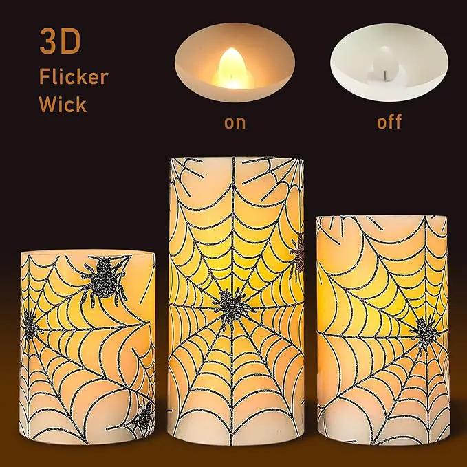 Spider Web Decor Flameless Candles Battery Operated with Remote Timer Haunted House Spooky Decorations Set of 3 Real Wax Black LED Flickering Candles Decorative for Halloween Decor Party by GreenHaven Gardens