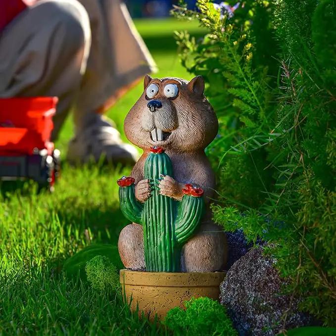 Solar Groundhog Garden Statue with LED Lights - Resin Cactus Planter Ornament for Outdoor Decor, Lawn, Patio, Yard, and Balcony, Unique Garden Gift for Women, Mom, and Grandma by GreenHaven Gardens