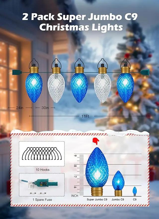2 Pack 11Feet 5 LED Super Jumbo Christmas String Lights or Pathway Marker Lights, Outdoor Xmas Decorations- Jumbo C9 Hanging Lights Waterproof Lawn Dec for Holiday Home Tree Roof Yard, Blue ＆ White by GreenHaven Gardens