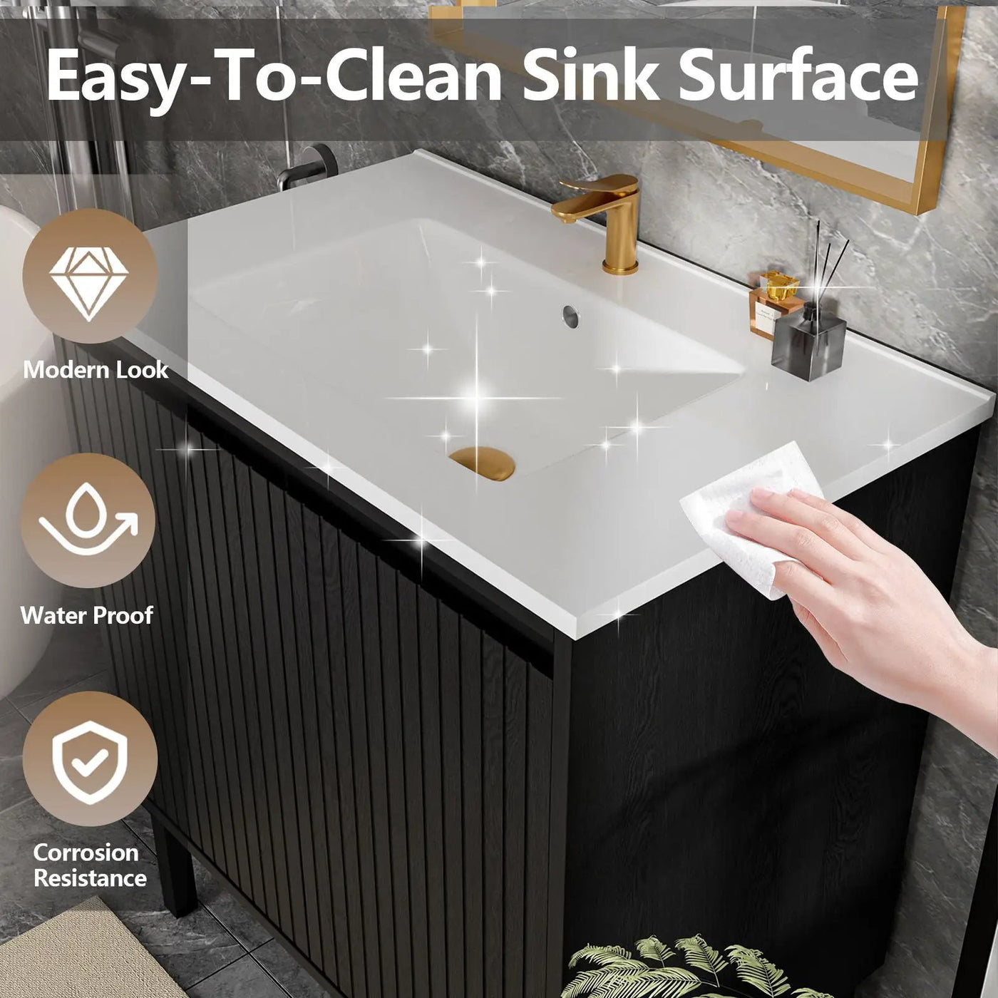 Bathroom Vanity With Ceramic Sink, Floor-Standing Design, Soft-Closing Drawers by HouseOfZazla