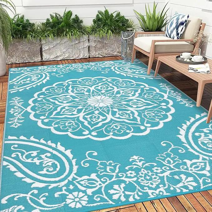 Pauwer Waterproof Outdoor Rug 5x8, Reversible Plastic Straw Patio Camping Rug, Indoor Outdoor RV Mat Carpet for Deck, Camper, Porch, Balcony, Backyard, Picnic, Boho Teal by GreenHaven Gardens