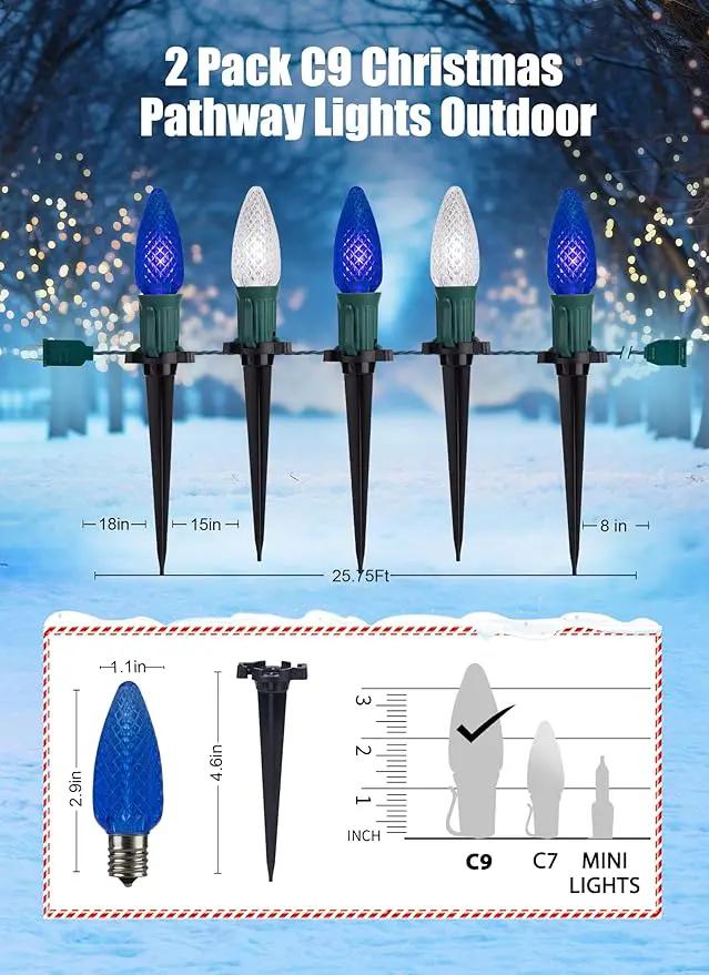 Christmas Pathway Lights Outdoor, 2 Pack 26 Ft 20 LED C9 Strawberry String Lights with Stakes, Connectable Waterproof Outside Christmas Lights Marker for Path, Lane, Patio Decor, Blue & Pure White by GreenHaven Gardens