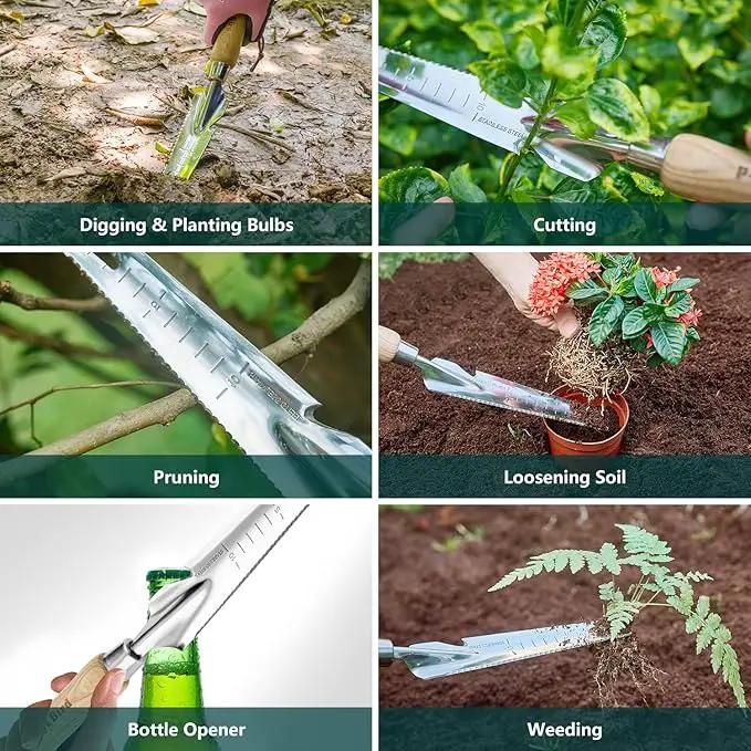 Berry&Bird Garden Hand Weeding Trowel, Stainless Steel Weeder Tool for Gardening with Wooden Handle, Multifunctional Manual Weed Puller & Digging Knife for Planting Transplanting Cutting Measuring by GreenHaven Gardens