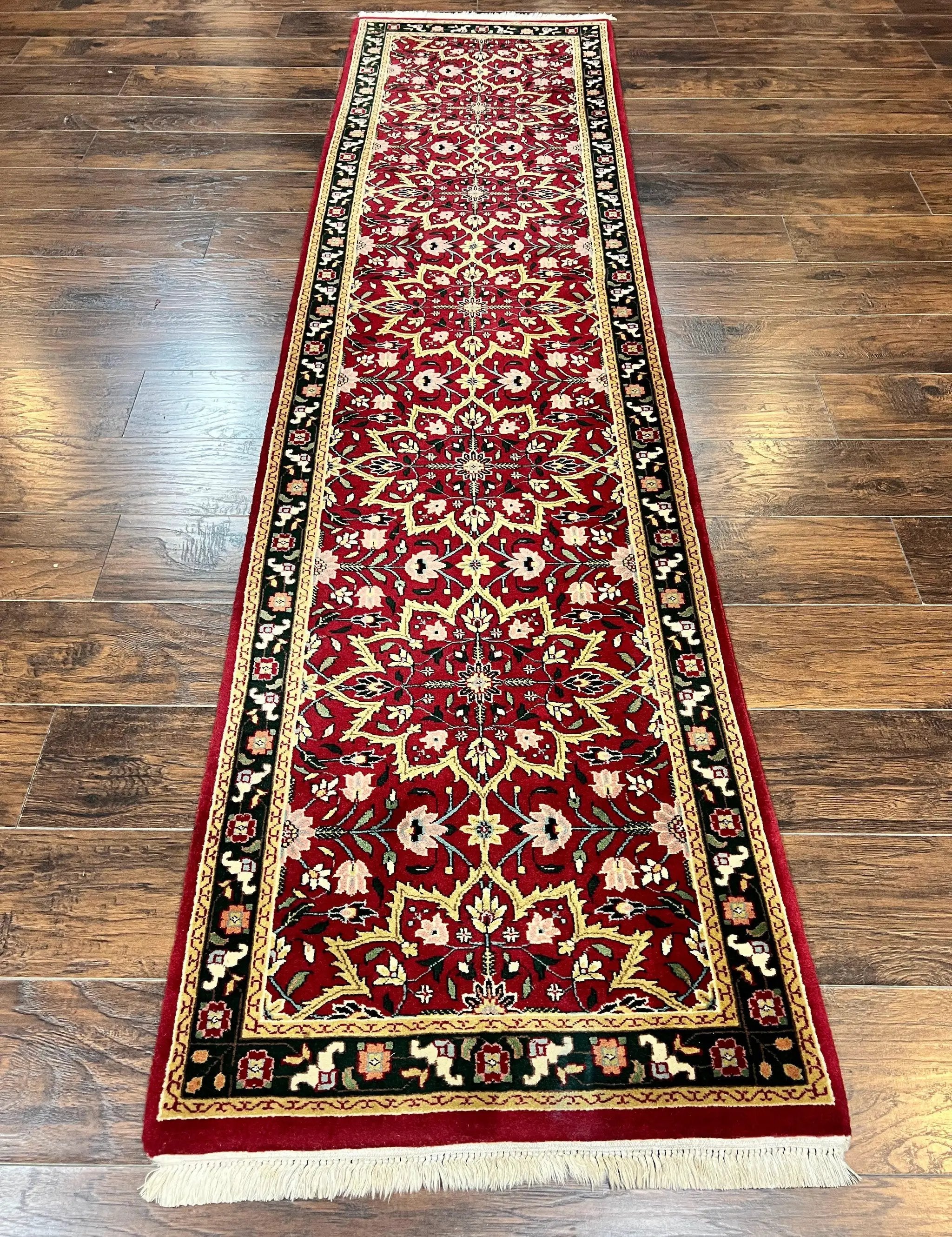 Indo Persian Runner Rug 2.6 x 10, Floral Hand Knotted Wool Hallway Rug, Red by Jewel Rugs