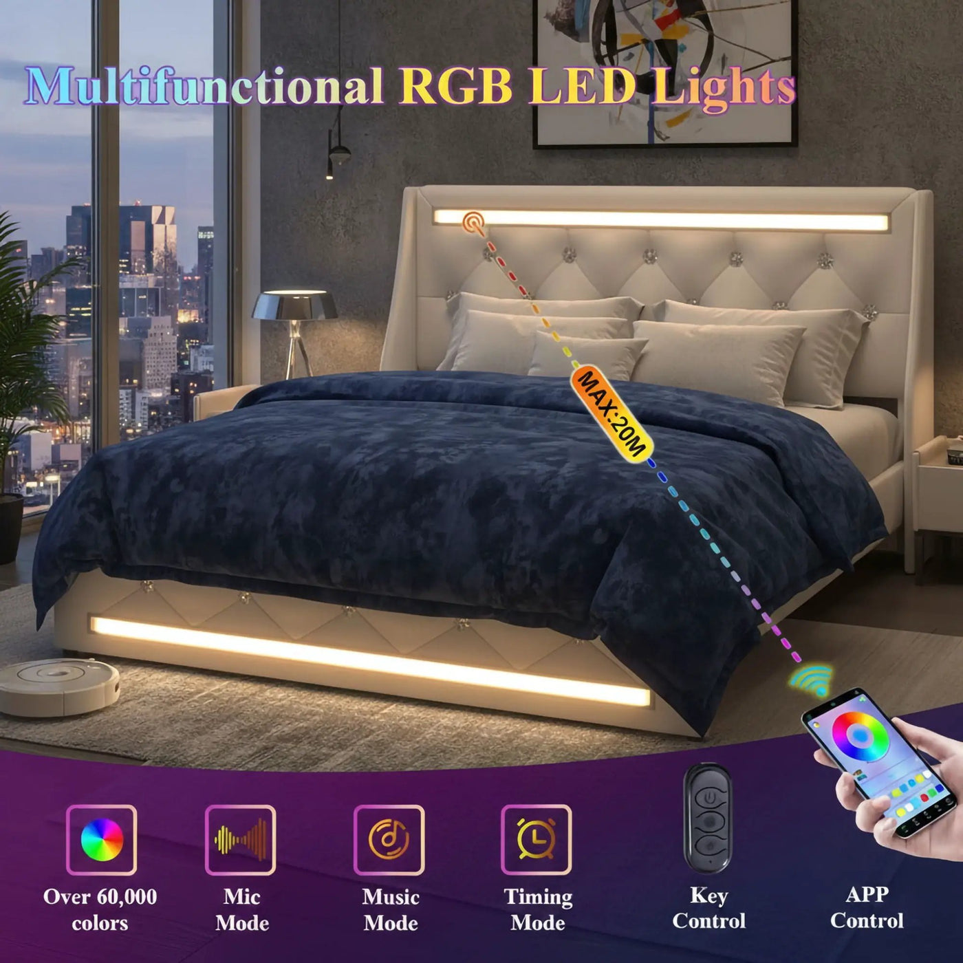 Wingback Upholstered Bed Frame With LED Lights, Charging Station by HouseOfZazla