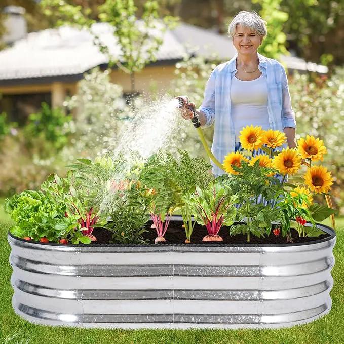 Galvanized Raised Garden Bed Outdoor - 4×2×1ft Planter Raised Beds for Gardening | Oval Metal Garden Planter Box with Safety Edging and Gloves for Vegetables Fruits and Flowers (Silver) by GreenHaven Gardens