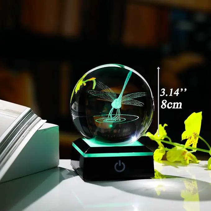 Qianwei Dragonfly Gifts for Women 3D Crystal Ball 3.14'' - Laser Dragonfly Decor Glass Animals Dragonfly Gifts Figurines Statue Stuff for Room Decorations Dragonfly Night Light by GreenHaven Gardens