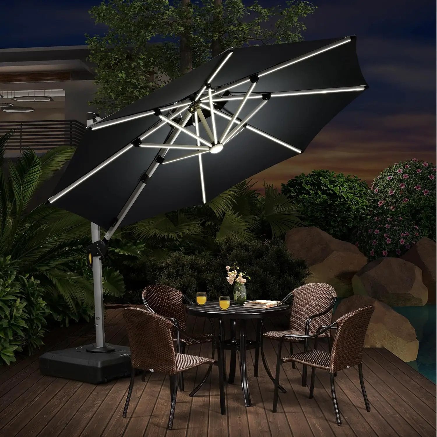 PURPLE LEAF 10ft Patio Umbrella With Base Solar powered LED Cantilever Umbrella with LED lights Windproof Outdoor Offset Umbrella for Garden Deck Pool Patio, Grey by GreenHaven Gardens