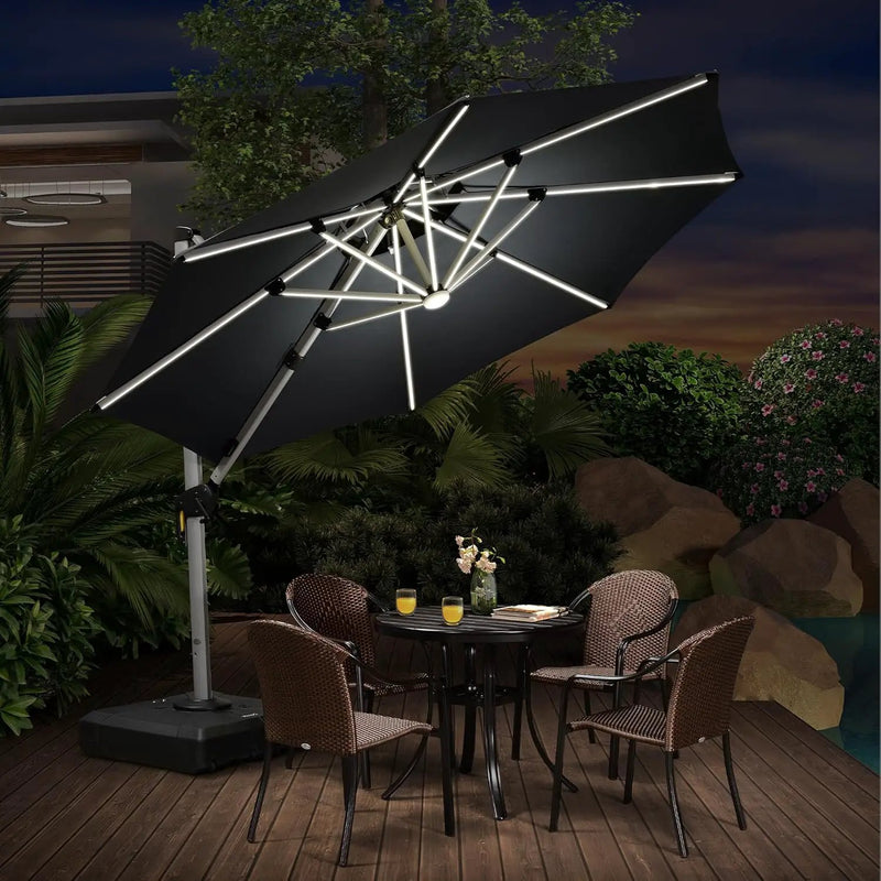 PURPLE LEAF 10ft Patio Umbrella With Base Solar powered LED Cantilever Umbrella with LED lights Windproof Outdoor Offset Umbrella for Garden Deck Pool Patio, Grey by GreenHaven Gardens