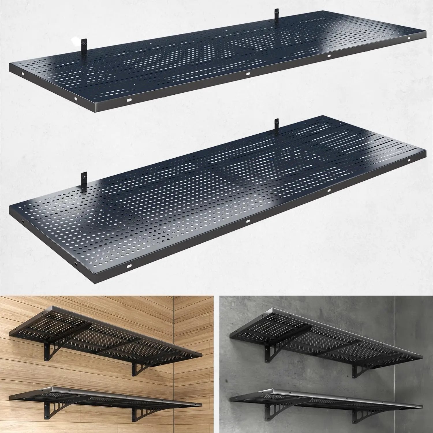 2-Pack 1.5x4ft Heavy Duty Garage Wall Shelving, 500 lbs Load Capacity, Garage Shelving Wall Mounted, Garage Storage Rack with Hooks, Black by GreenHaven Gardens